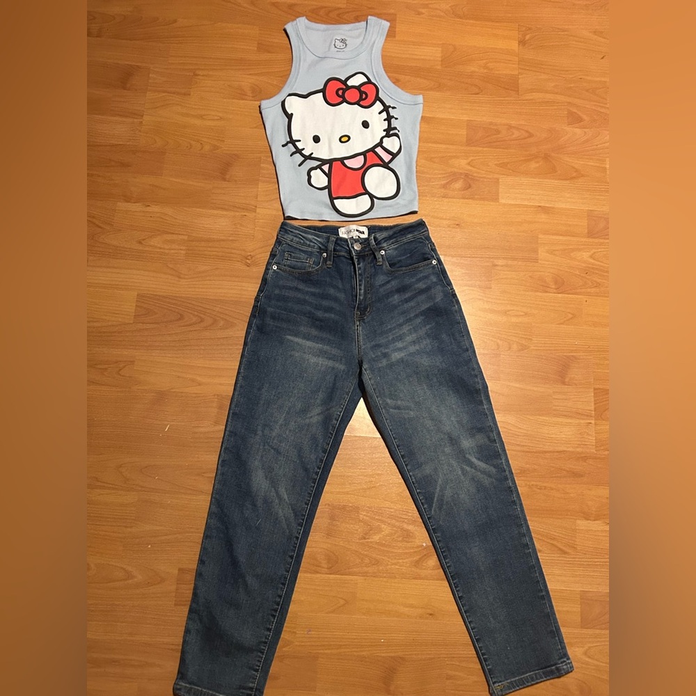 Fashion Nova Dark Blue Boyfriend Jeans with Hello Kitty Crop Tank Top